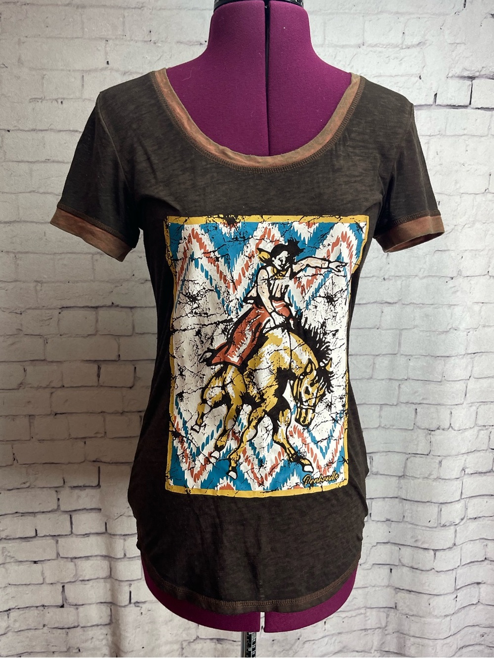 Panhandle size small brown short sleeve tshirt sheer bucking bronco